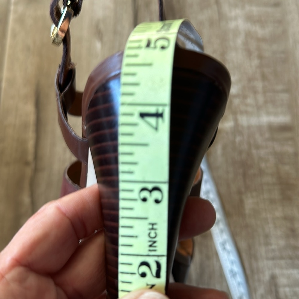 4.5” Stacked Wood Platform Leather Franco Sarto Betsy Chestnut Strappy Heels 9 - Picture 16 of 16